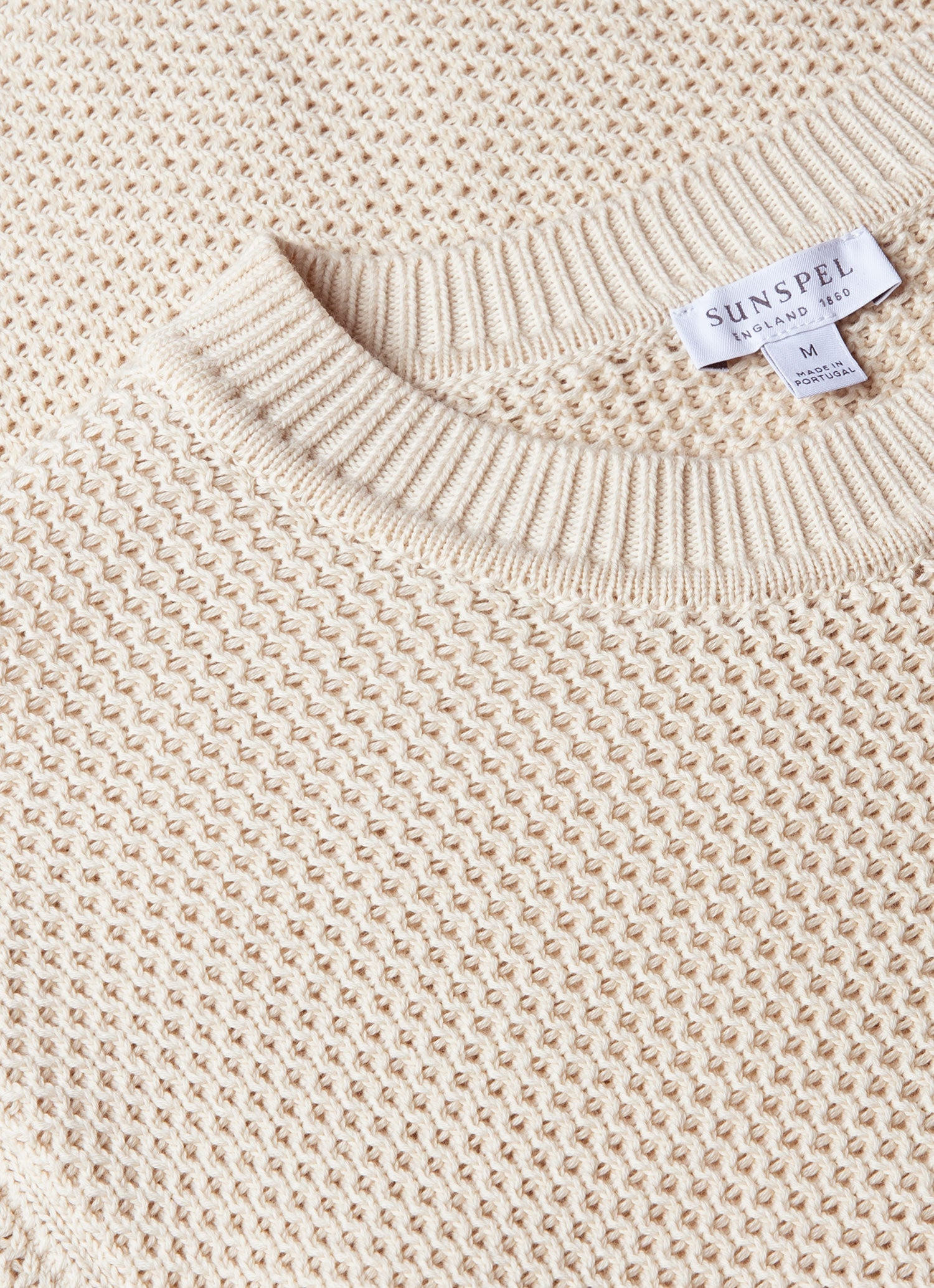 Men's Honeycomb Cotton Crew Neck Jumper in Ecru