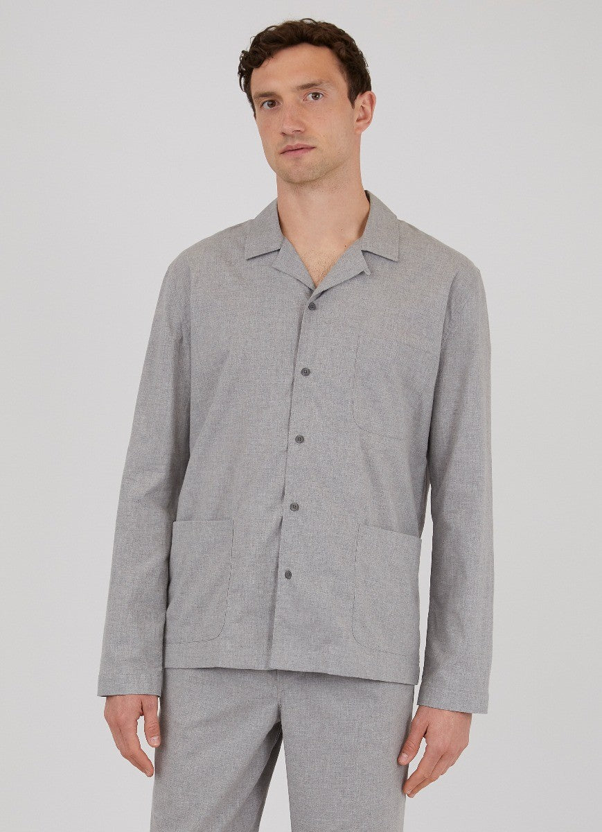 Men's Cotton Flannel Pyjama Shirt in Mid Grey Melange