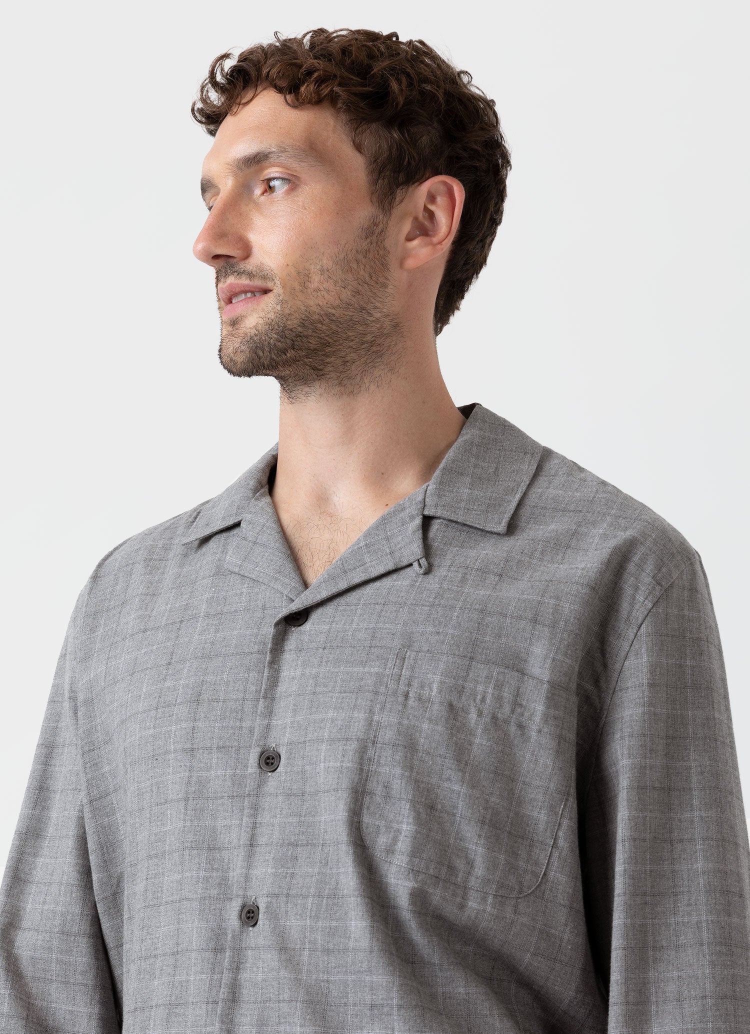 Men's Cotton Flannel Pyjama Shirt in Mid Grey Check