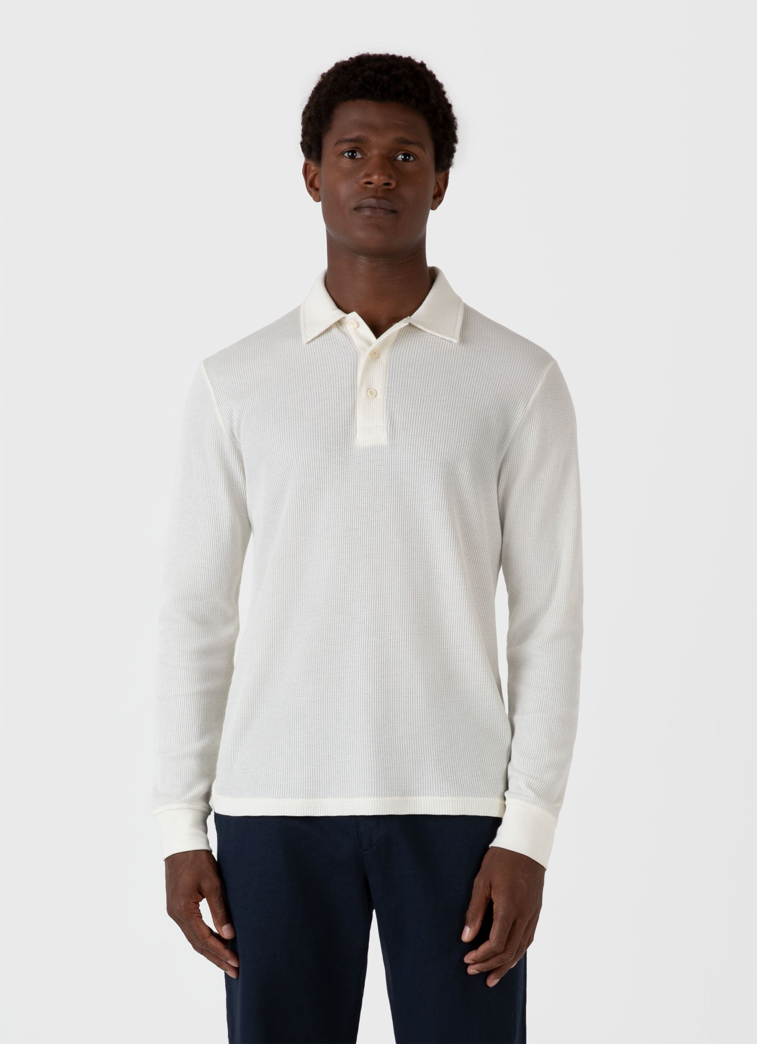 Men's Long Sleeve Waffle Polo Shirt in Ecru