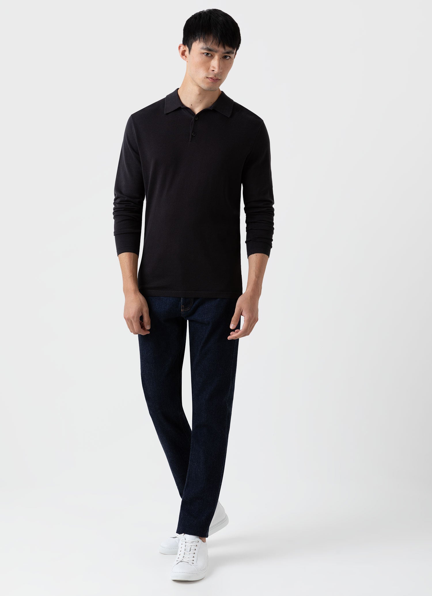 シーアイランドコットン ロングスリーブ ニット ポロシャツ （Black）| Sunspel