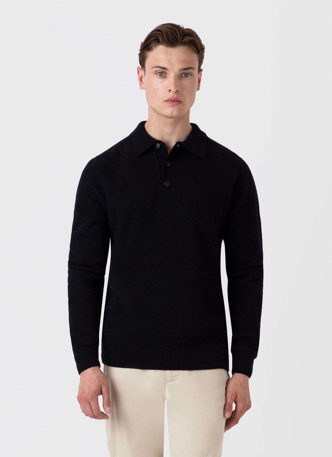 Men's Lambswool Polo Shirt in Dark Navy Mouline