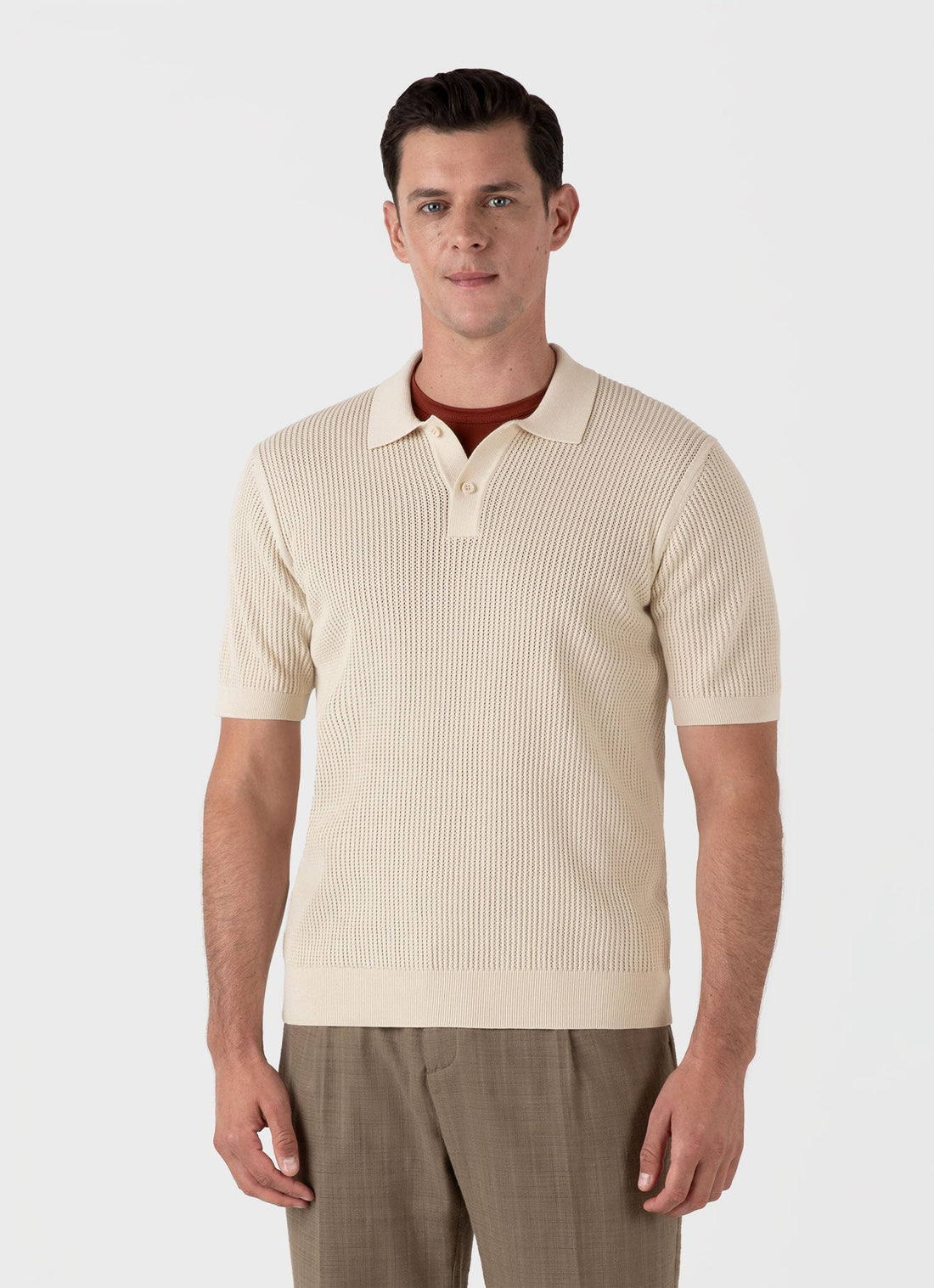 Men's Linear Mesh Knit Polo Shirt in Ecru