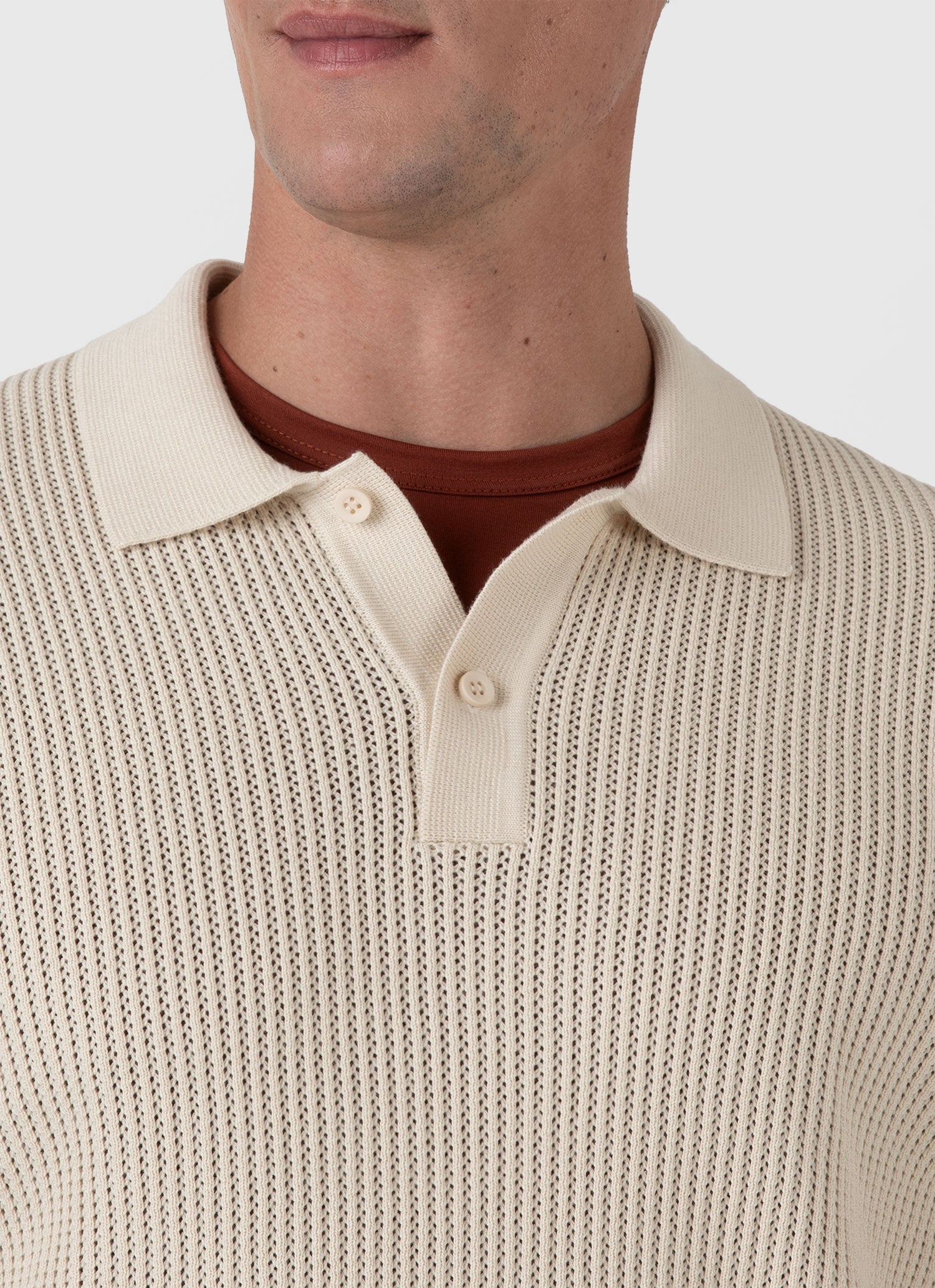 Men's Linear Mesh Knit Polo Shirt in Ecru