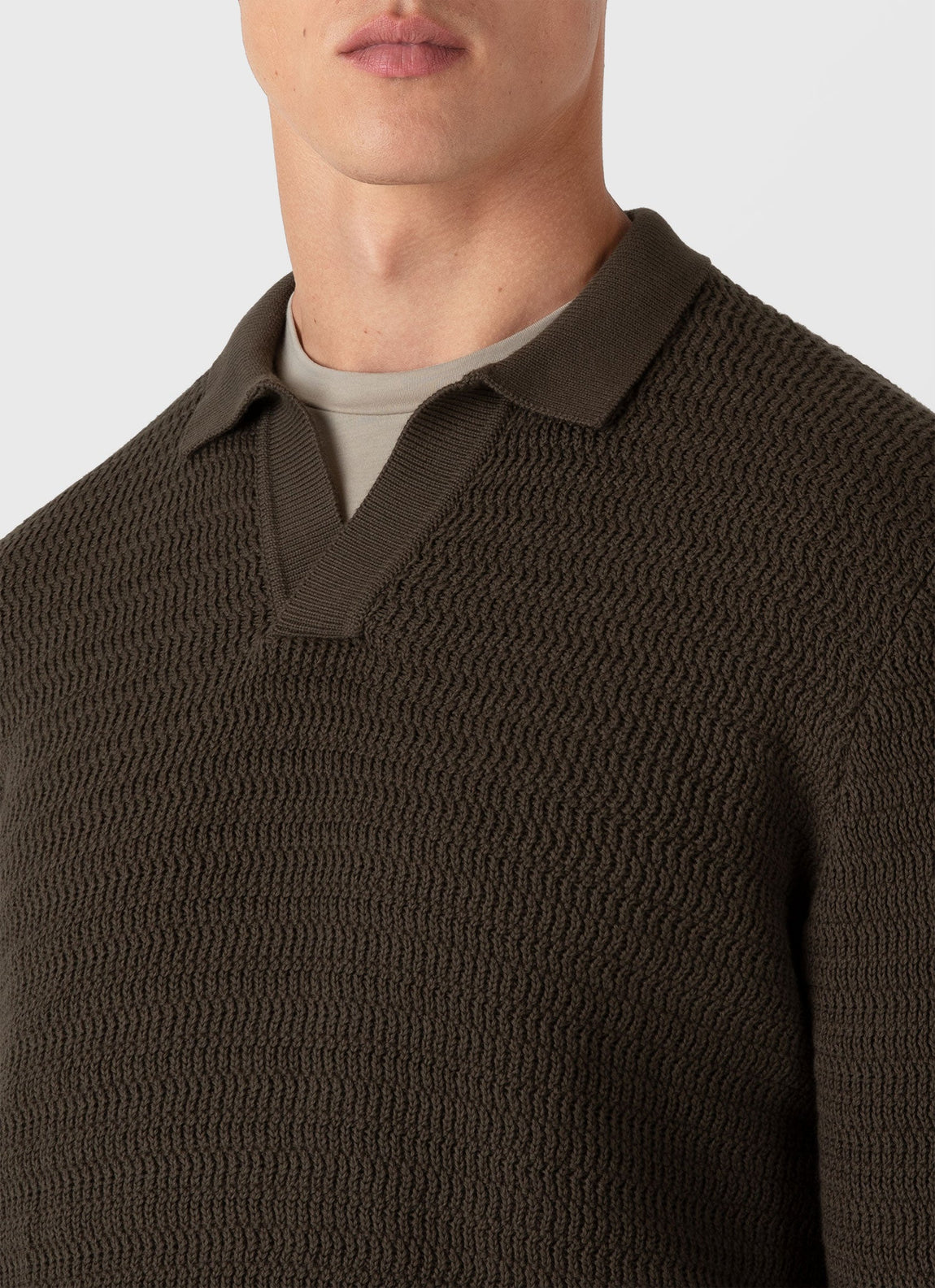 Men's Long Sleeve Textured Cotton Polo Shirt in Khaki