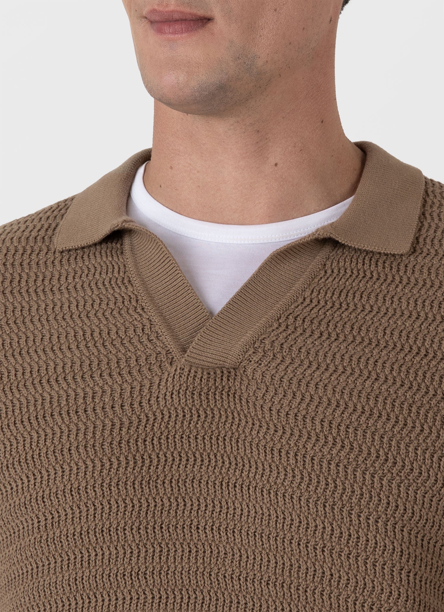 Men's Long Sleeve Textured Cotton Polo Shirt in Dark Stone