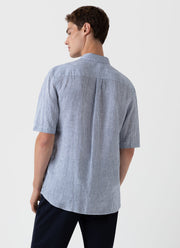 Men's Short Sleeve Linen Shirt in Navy/White Classic Stripe