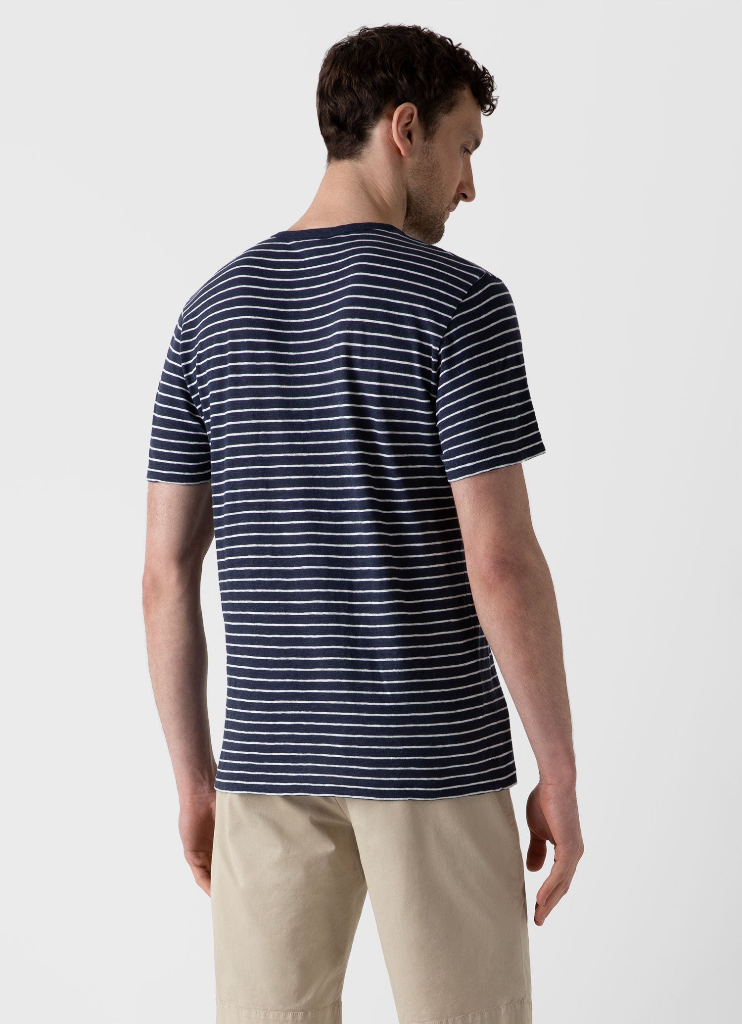 コットン リネン Tシャツ （Navy/Off White）| Sunspel