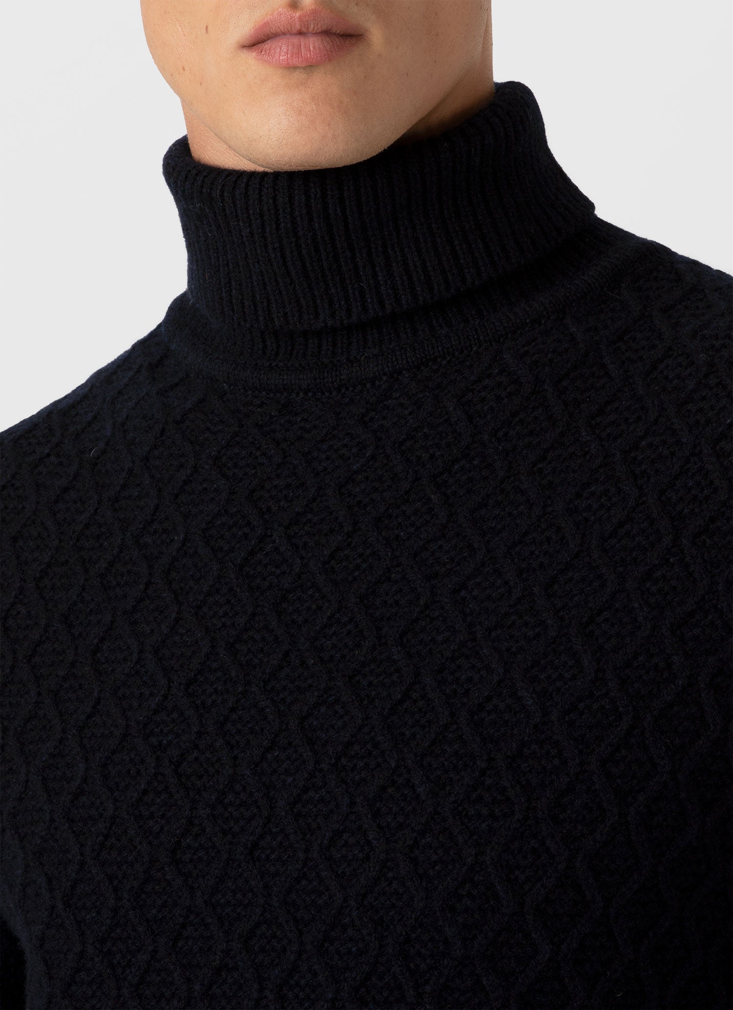 Men's WM Brown Aran Roll Neck in Dark Navy Mouline