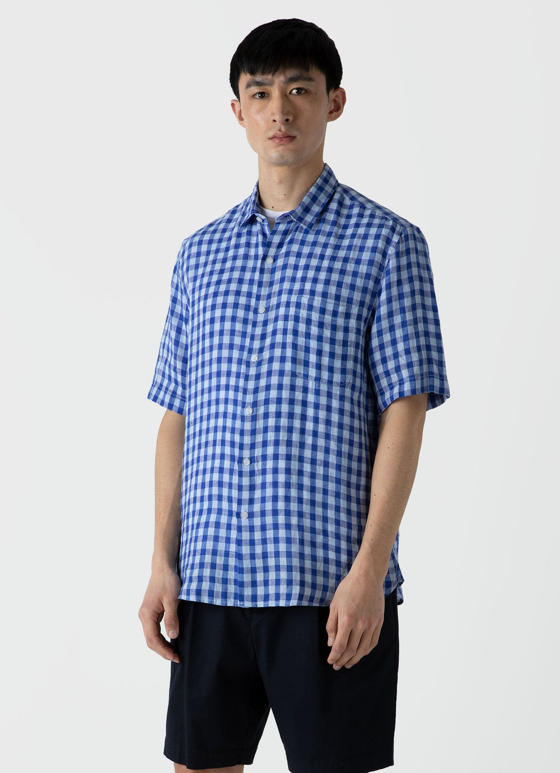 Men's Short Sleeve Linen Shirt in Blue Gingham