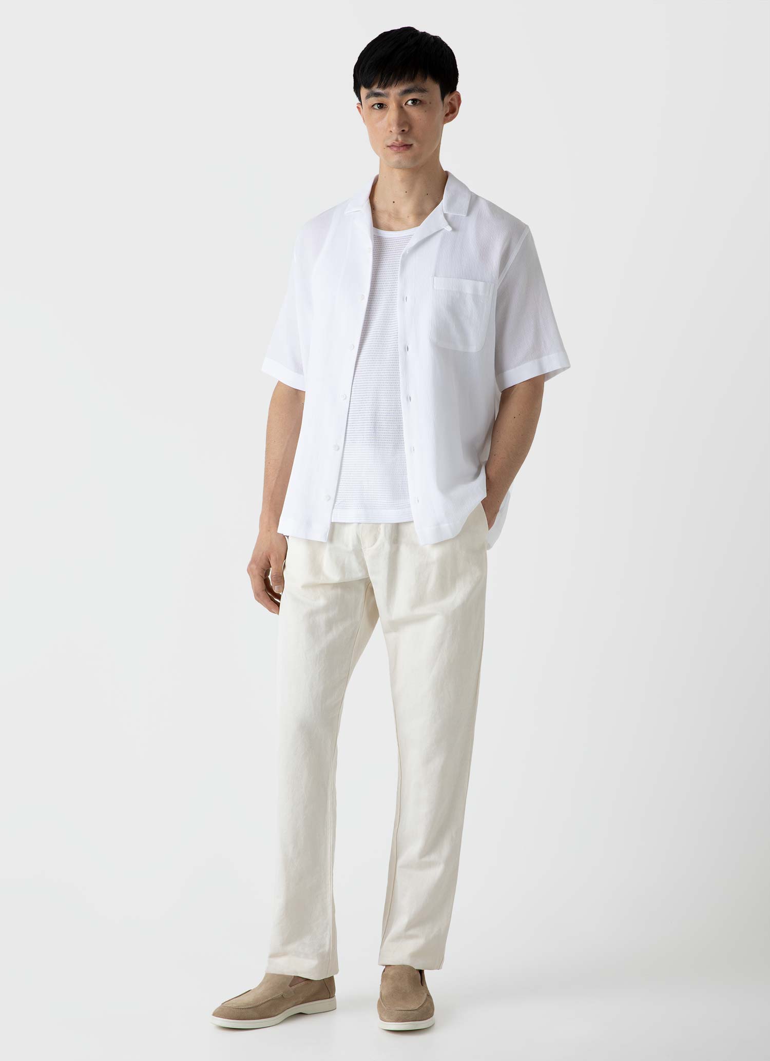 メンズ ワッフルキャンプカラーシャツ（White）| Sunspel